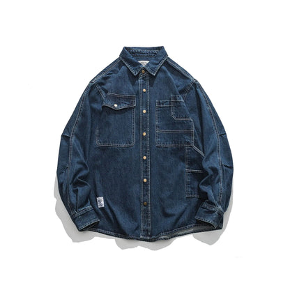 Vintage Men's Spring And Autumn New Washed Distressed Denim Shirt Jacket Loose Casual Long-Sleeved Coat Jacket Street King Limited