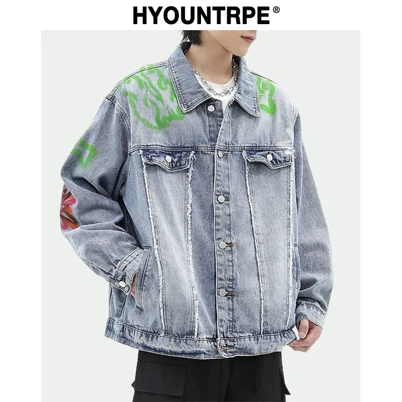 men harajuku graffiti denim jacket and coat fashion hip hop long sleeve jean patchwork outerwear casual streetwear jeans jackets ripped baggy denim