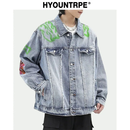 men harajuku graffiti denim jacket and coat fashion hip hop long sleeve jean patchwork outerwear casual streetwear jeans jackets ripped baggy denim