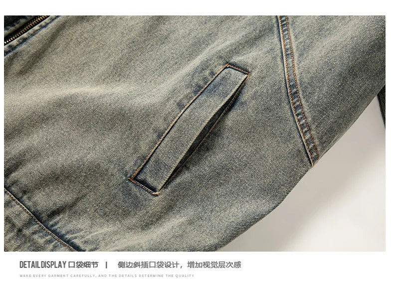 high street vintage washed denim jacket men american style embroidery label stand collar ruffian handsome motorcycle jeans coats unique jeans style 5393