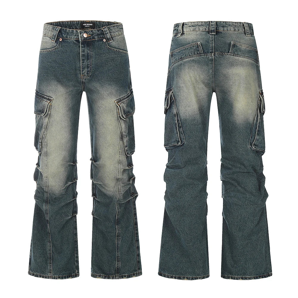 streetwear side pockets pleated washed blue jeans unisex straight baggy y2k denim pants ropa hombre casual cargo pants oversized combat utility trousers