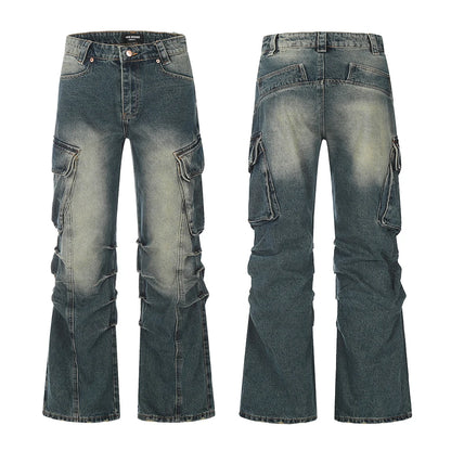 streetwear side pockets pleated washed blue jeans unisex straight baggy y2k denim pants ropa hombre casual cargo pants oversized combat utility trousers