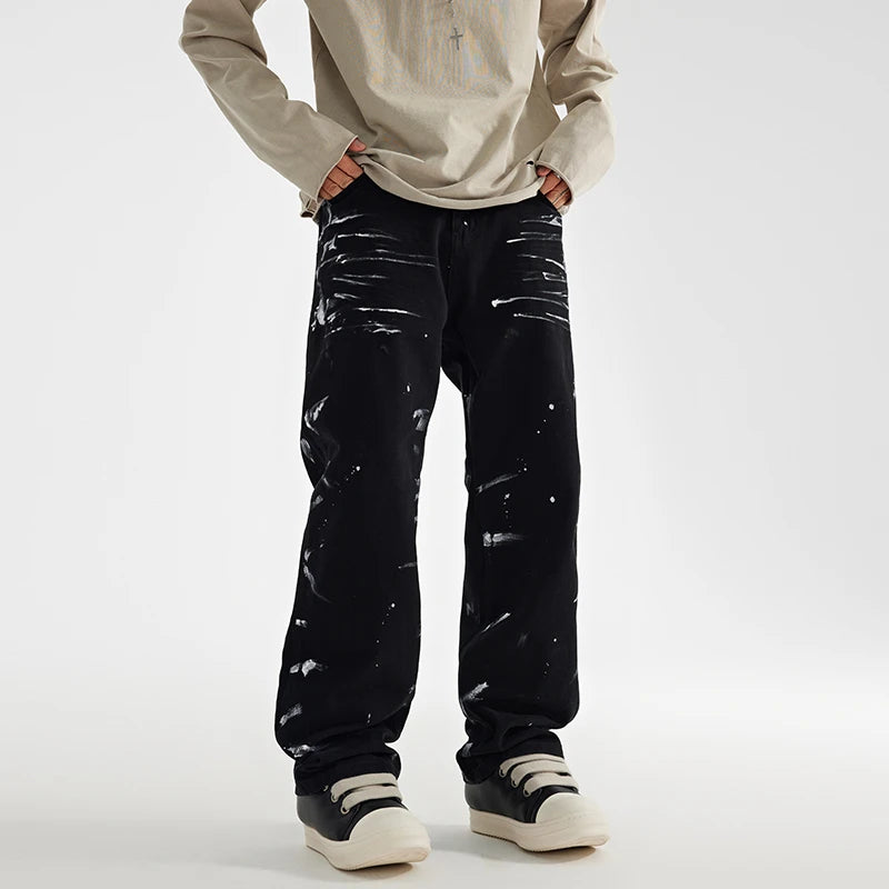 fashion graffiti printed denim jeans mens unisex casual zipper straight jeans streetwear hip hop loose black jean pants joggers sporty tapered joggers