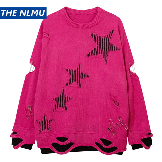 2023 Hip Hop Knitted Sweater Streetwear Star Graphic Distressed Ripped Pullover Men Harajuku Casual Knitwear Unisex Punk Street King Limited