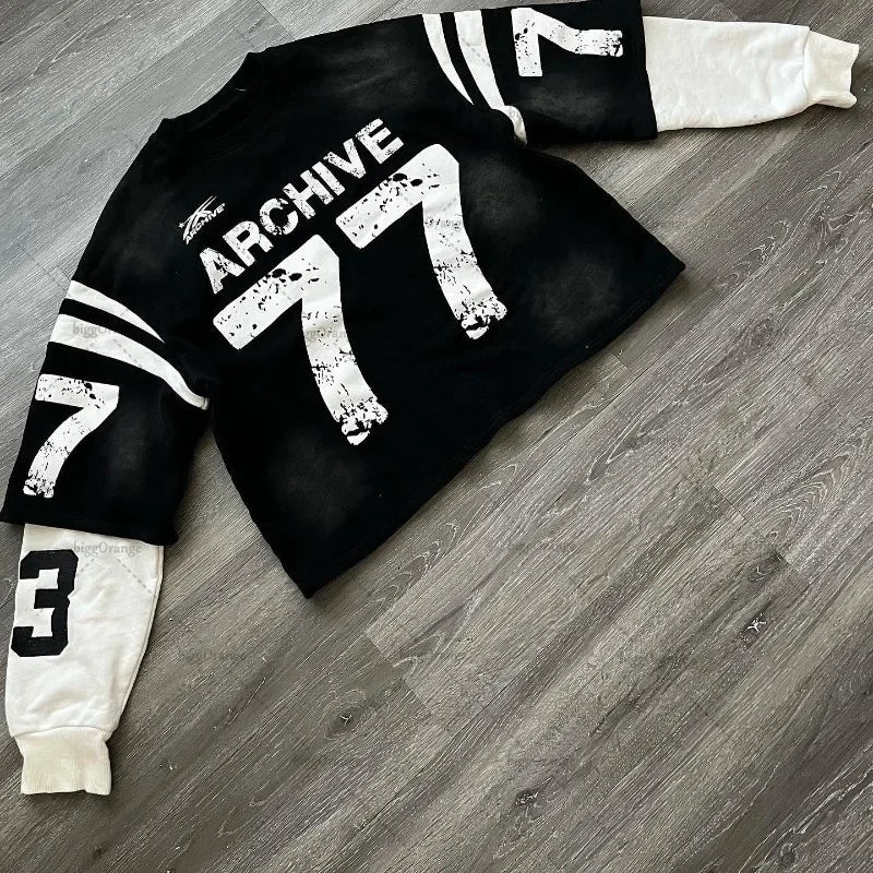 Trendy Brand Alphanumeric Printing Oversized Splicing Long-sleeved Men Y2k Street Hip-hop Rock Casual Retro Pullover Women Street King Limited