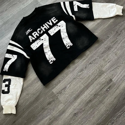 Trendy Brand Alphanumeric Printing Oversized Splicing Long-sleeved Men Y2k Street Hip-hop Rock Casual Retro Pullover Women Street King Limited