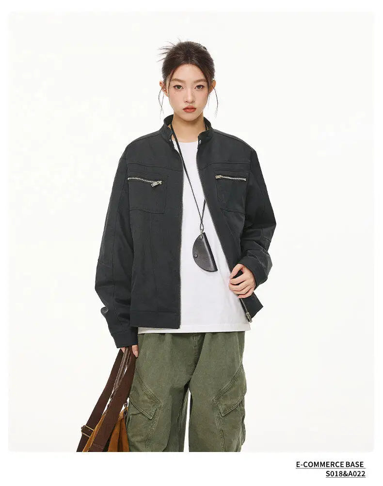 men retro casual stand collar streetwear fashion loose lightweight short motorcycle jacket women spring autumn coat outerwear unique shorts style 413