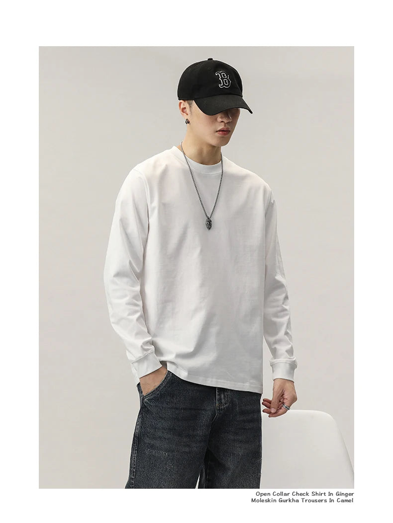 Cotton Long-Sleeved T-Shirt Men's Spring And Autumn Basic Solid Color Inner Loose Sweatshirt Men's White Bottoming Shirt Street King Limited