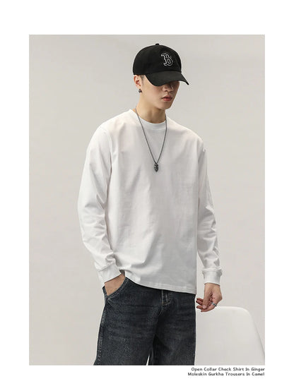 Cotton Long-Sleeved T-Shirt Men's Spring And Autumn Basic Solid Color Inner Loose Sweatshirt Men's White Bottoming Shirt Street King Limited