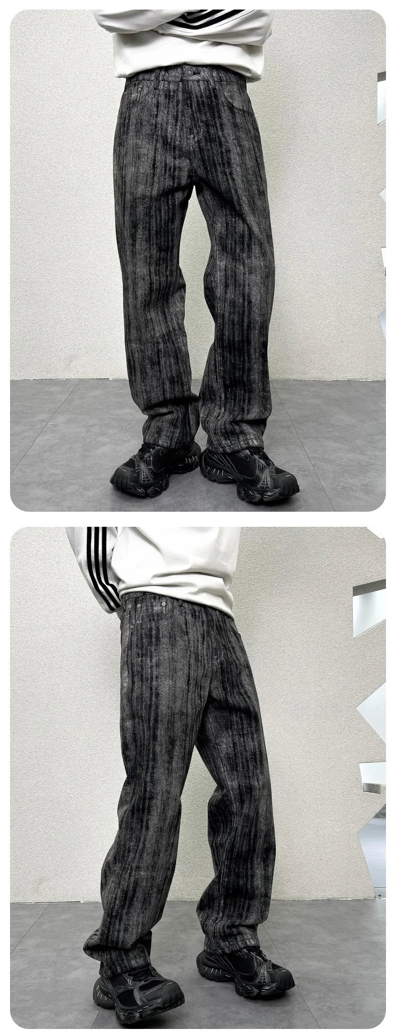 mens streetwear fashion hip hop vibe casual retro tie dyed denim pant jeans cityboy black gray straight jeans trousers unique jeans style 2959