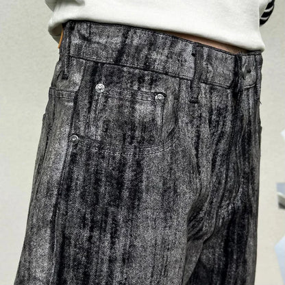 mens streetwear fashion hip hop vibe casual retro tie dyed denim pant jeans cityboy black gray straight jeans trousers ripped baggy denim