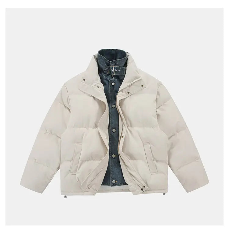 Winter Splice Denim Cotton-padded Jacket Men Women Stand Collar Fashion Loose Casual Thicken Warm Parkas Jacket Boyfriend Coat Street King Limited