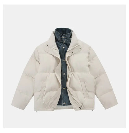 Winter Splice Denim Cotton-padded Jacket Men Women Stand Collar Fashion Loose Casual Thicken Warm Parkas Jacket Boyfriend Coat Street King Limited