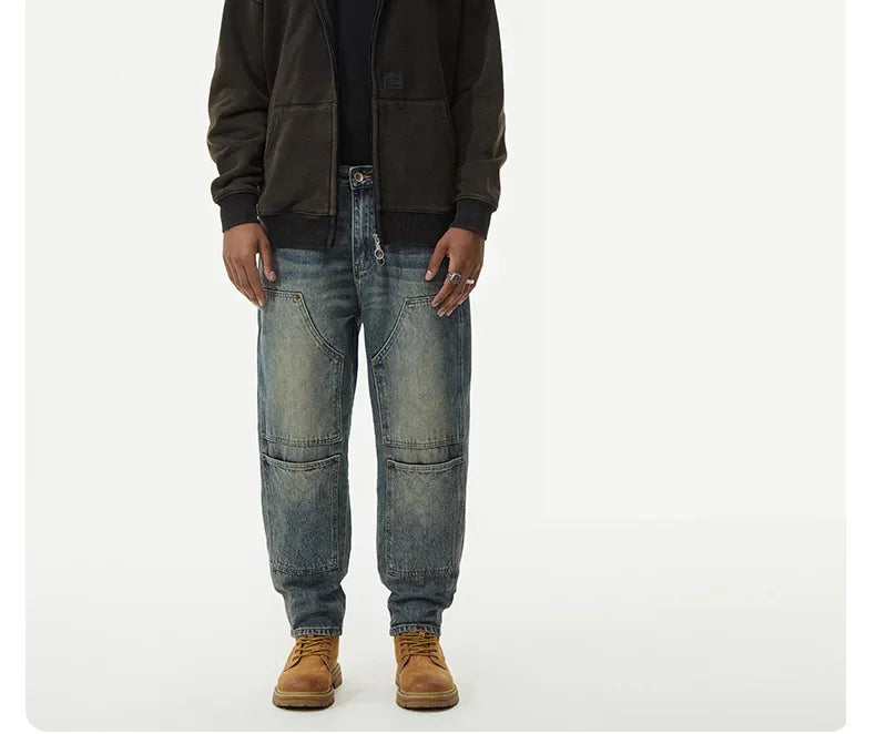 men streetwear fashion loose casual plus size denim harem jeans pant cityboy retro splice pocket cargo jeans trousers 40 38 unique cargo style 3057