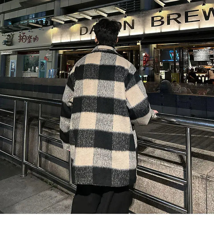 plaid woolen trenchcoat men autumn winter fashion retro streetwear suit collar loose casual trendy trench coat outerwear unique default style 1185