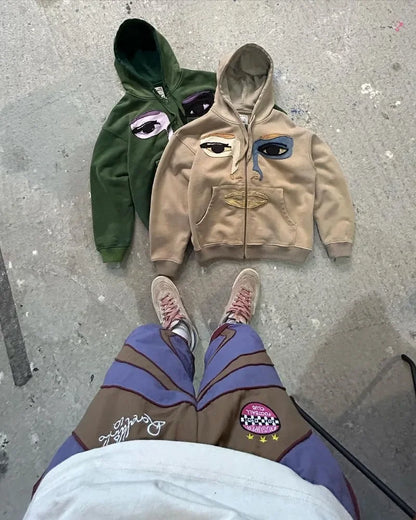 Fashionable Cartoon Embroidered Oversized Cardigan Jacket Women Y2k Harajuku Hip-hop Gothic Punk Casual Loose Zipper Hoodie Men Street King Limited