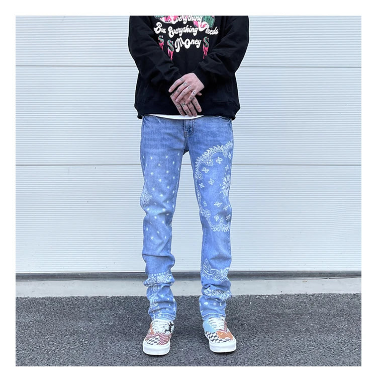 mens high street paisley print denim jeans casual hip hop distressed jeans slim fit skinny denim pants joggers streetwear men unique joggers style 265