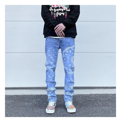 mens high street paisley print denim jeans casual hip hop distressed jeans slim fit skinny denim pants joggers streetwear men unique joggers style 265