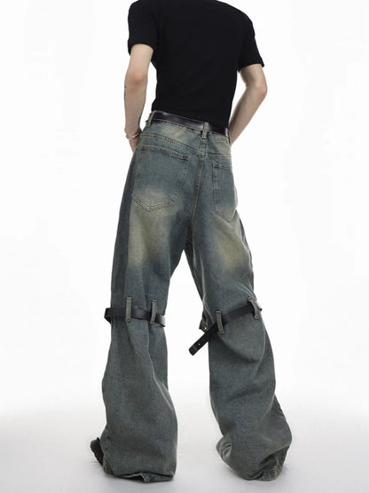 mens knee patchwork belts denim jeans unisex hip hop fashion streetwear harajuku loose flare straight y2k jean pants joggers unique joggers style 3274