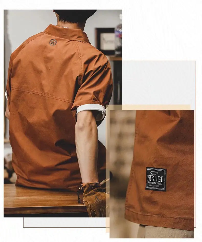 American Vintage Short-Sleeved T-Shirt Men's Summer Vintage Workwear Polo Shirt Loose And Versatile Five-Quarter Sleeve Top Street King Limited
