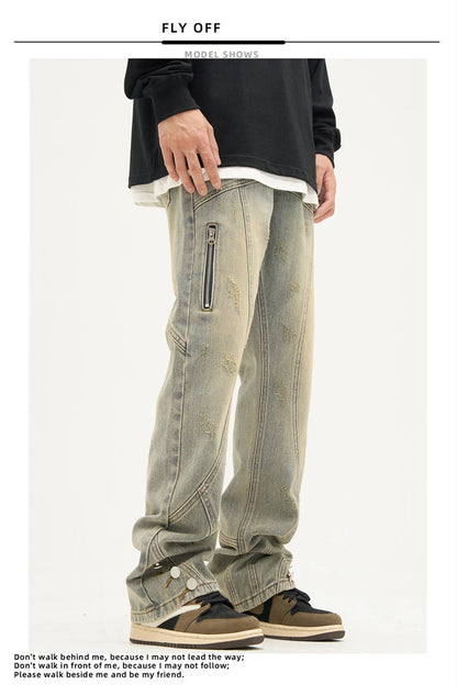 american high street retro straight jeans men casual patchwork y2k denim pants hip hop streetwear zipper baggy cargo jean unique cargo style 3119