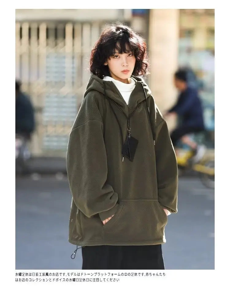 Men Women Winter Fleece Hoodies Korean Style Half Zipper Harajuku Hip Hop Hooded Sweatshirt Street Oversized Couple Pullovers Street King Limited