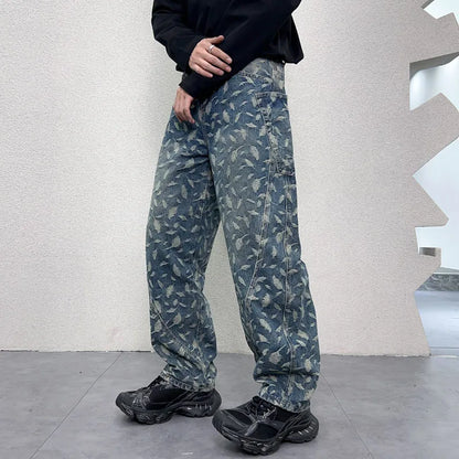 men jacquard loose casual hip hop vibe splice pocket denim baggy jeans pants man streetwear ripped jeans trousers boyfriend urban skinny jeans