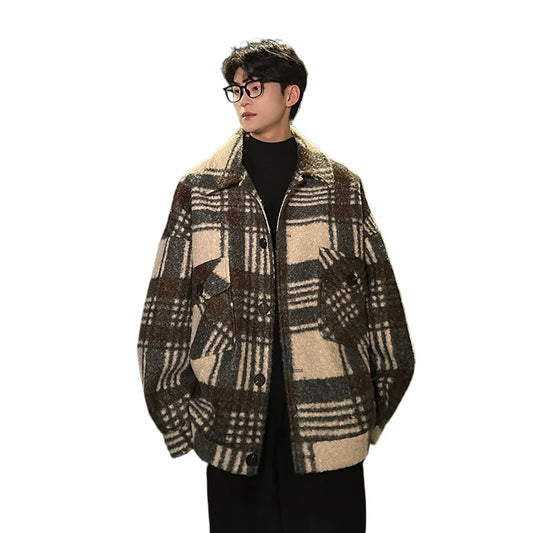 autumn winter campus boy plaid woolen coat men streetwear fashion loose casual retro thick jacket man bomber coat outerwear relaxed fit trousers