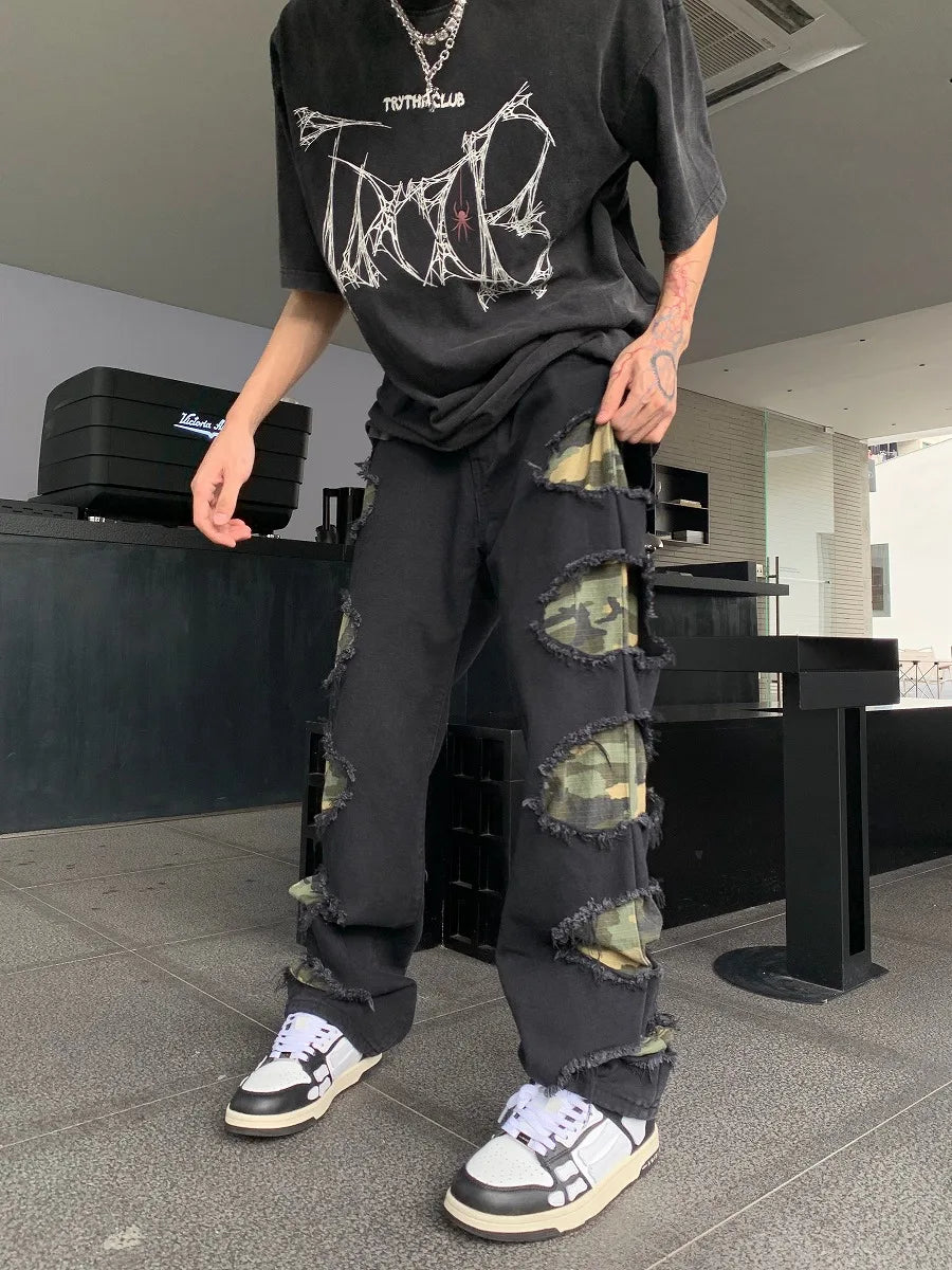 side destroyed ripped holes denim jeans pants mens casual patchwork camouflage loose straight joggers hip hop streetwear jeans unique joggers style 3072