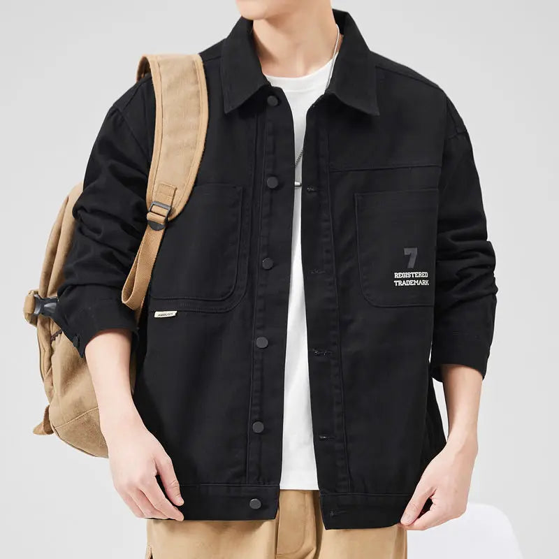 american retro workwear jacket for boys loose spring and autumn high street japanese style khaki casual trendy denim jacket tops unique jeans style 4886