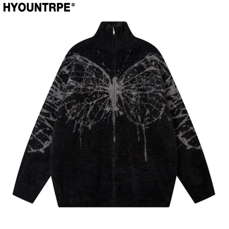 Fashion Zipper Cardigan Sweater Unisex Butterfly Pattern Streetwear Hip Hop Stand Collar Knitted Sweater Hairy Coats Men Jumpers Street King Limited