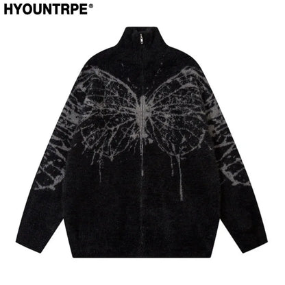 Fashion Zipper Cardigan Sweater Unisex Butterfly Pattern Streetwear Hip Hop Stand Collar Knitted Sweater Hairy Coats Men Jumpers Street King Limited