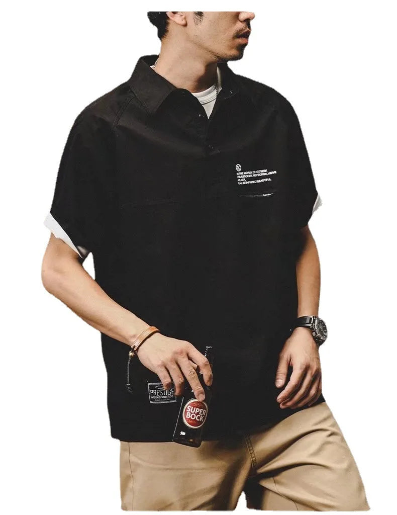 American Vintage Short-Sleeved T-Shirt Men's Summer Vintage Workwear Polo Shirt Loose And Versatile Five-Quarter Sleeve Top Street King Limited