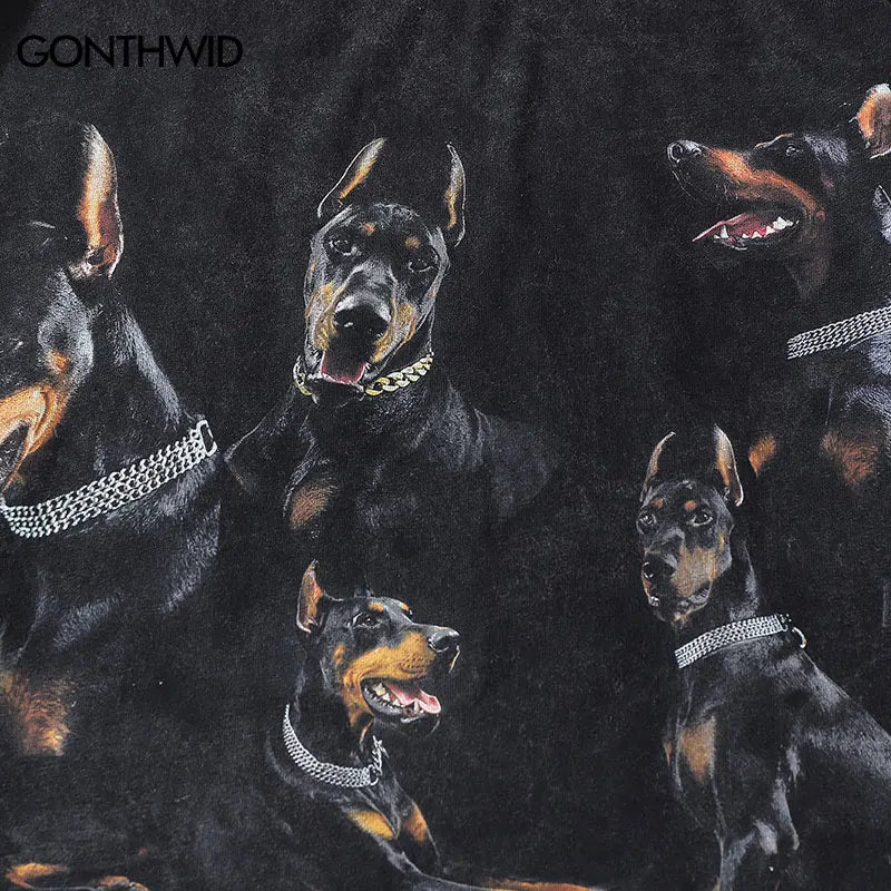 Oversize Distressed T Shirts Hip Hop Vintage Doberman Dog Print Punk Rock Gothic Tshirt Streetwear 2023 Harajuku Casual T-Shirt Street King Limited
