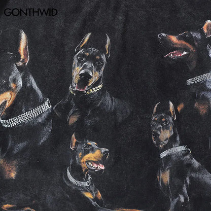 Oversize Distressed T Shirts Hip Hop Vintage Doberman Dog Print Punk Rock Gothic Tshirt Streetwear 2023 Harajuku Casual T-Shirt Street King Limited