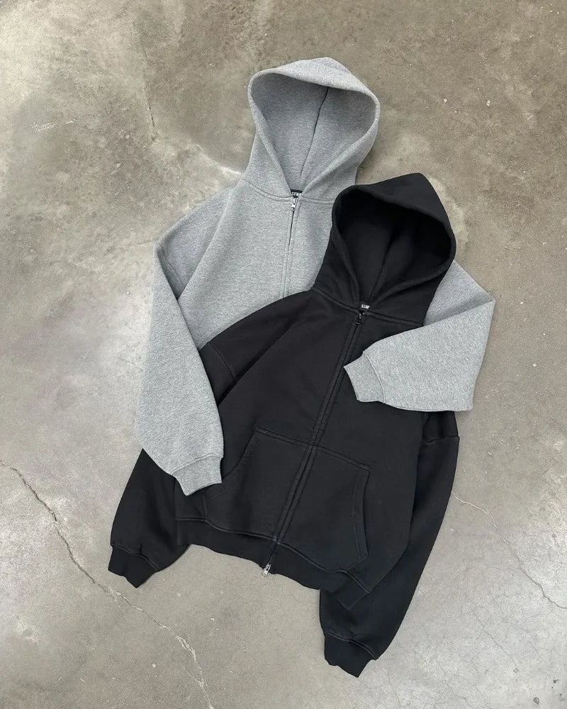 American High Street Fashion Casual Hoodie Men Y2k Harajuku Retro Solid Color Zipper Sweatshirt Loose Oversized Coat Women Street King Limited