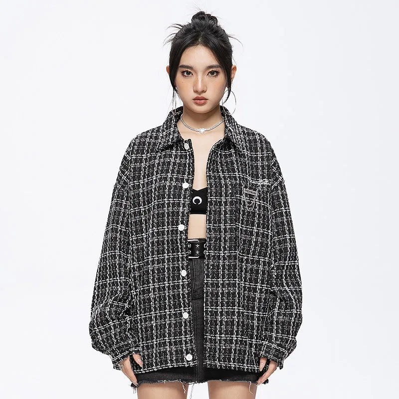 High Street Back Colorblock Patch Letter Graphic Plaid Jackets for Men Autumn Fashion Lapel Button Jacket Coat Oversized Unisex Street King Limited