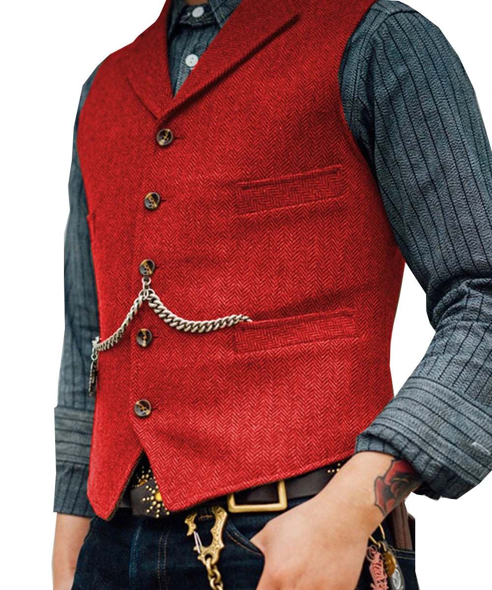 Business Mens Suit Vest Lapel V Neck Wool Herringbone Casual Brown Waistcoat Casual Formal Groomsman Jacket For Wedding Street King Limited