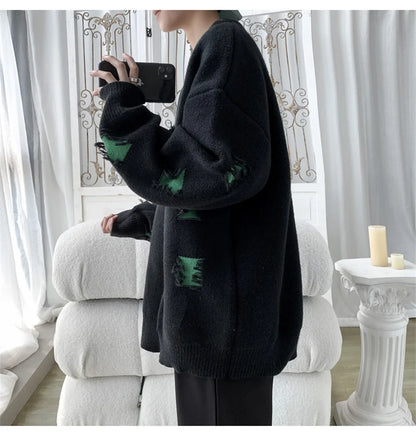 2025 New Ripped Design Crewneck Sweater For Men High Street Patchwork Knitted Jumpers Y2K Vintage Christmas Knitwear Pullovers Street King Limited