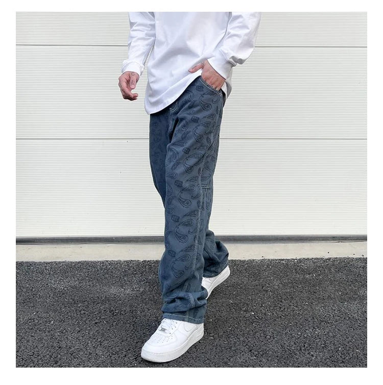 hip hop straight denim jeans pants fashion zipper paisley jeans streetwear mens new casual loose trousers jean pants joggers unique joggers style 3043