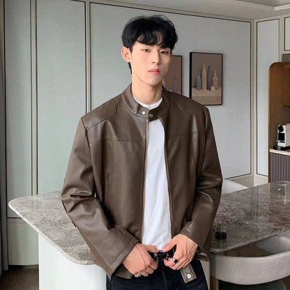 retro american street leather jacket mens autumn 2024 motorcycle standing collar trendy short coat zipper loose bomber outwear unique shorts style 2674