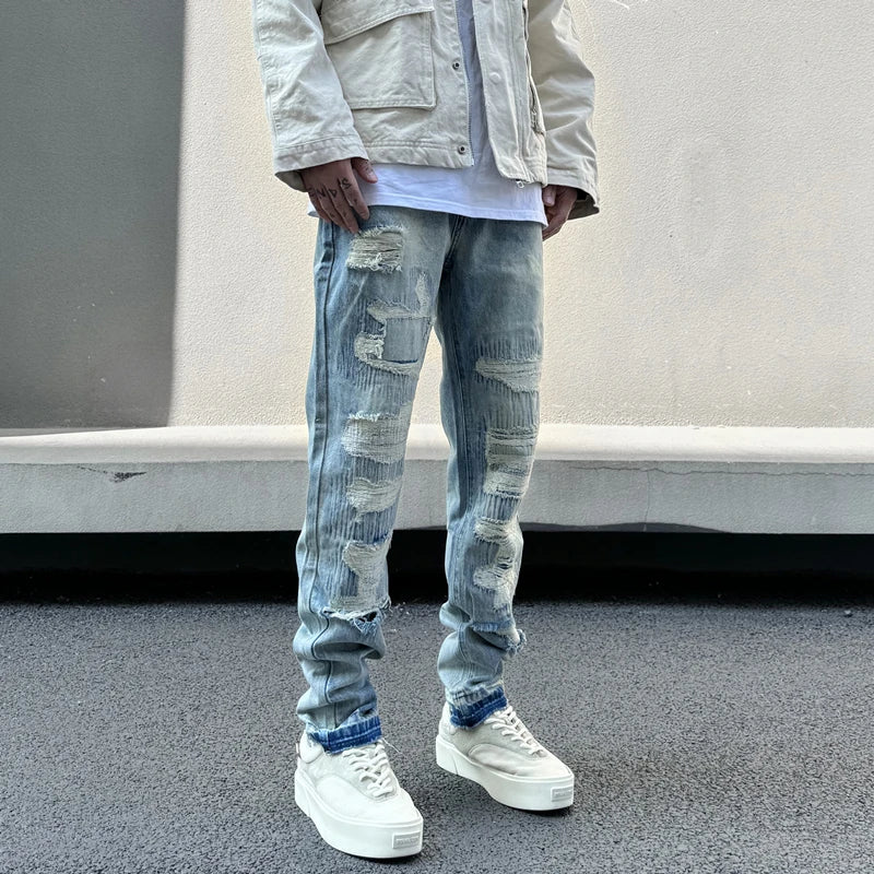 mens high street denim jean pants new casual blue slim ripped holes straight zipper jeans trousers hip hop streetwear joggers sporty tapered joggers
