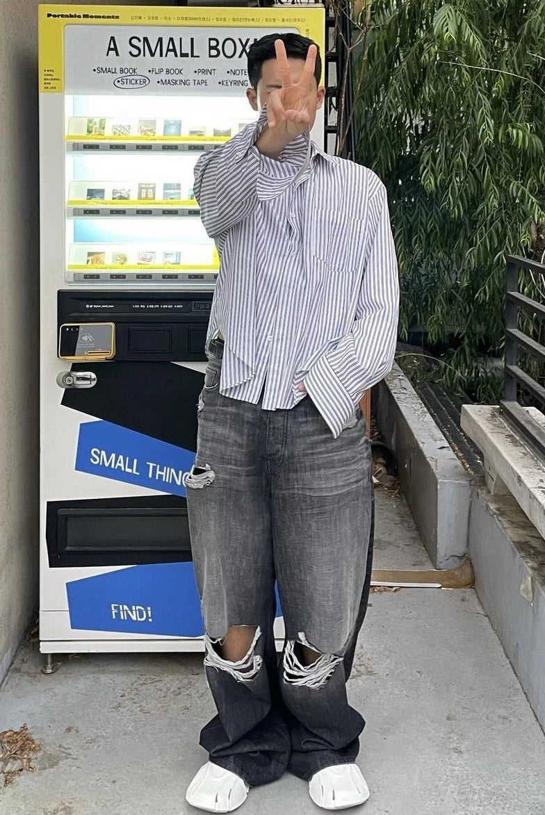 baggy damaged heavy industry washed jeans pants vibe loose casual silhouette straight worn pants knee ripped denim trousers unique jeans style 164