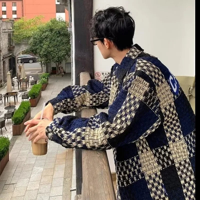 high street lattice mens jackets woven fabric single breasted loose harajuku shirt coats letter embroidered casual male tops unique default style 1826
