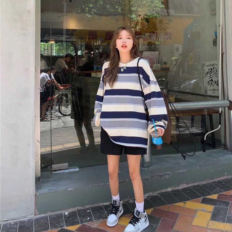 Women T shirts Striped Sweatshirt Thin tops 2024 Spring Women's Clothing Korean Fashion Couples Long Sleeve Teed y2k Pullovers Street King Limited