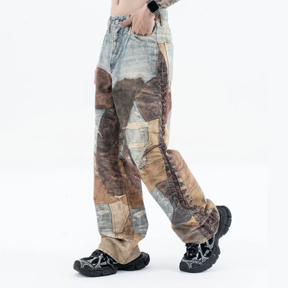 2024 autumn and winter new stitching ripped jeans Street King Limited
