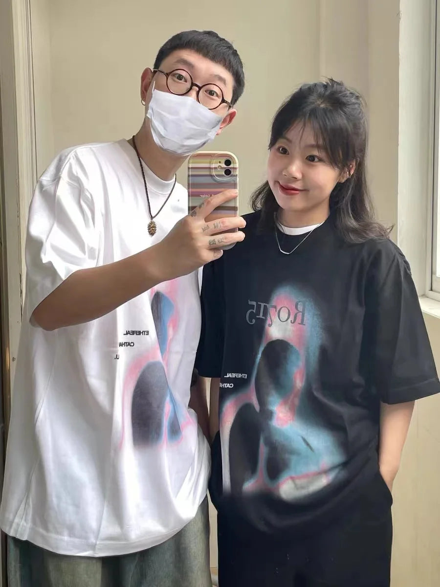 Fashionable Korean new style printed graphic T shirt summer cotton men and women y2k street hip hop loose half sleeved top Street King Limited