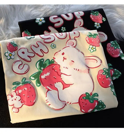 Cute Cartoon Rabbit Strawberry Fruit Print T Shirts Student Girls Kawaii Tee High Quality Cotton Summer Short Sleeve Casual Tops Street King Limited