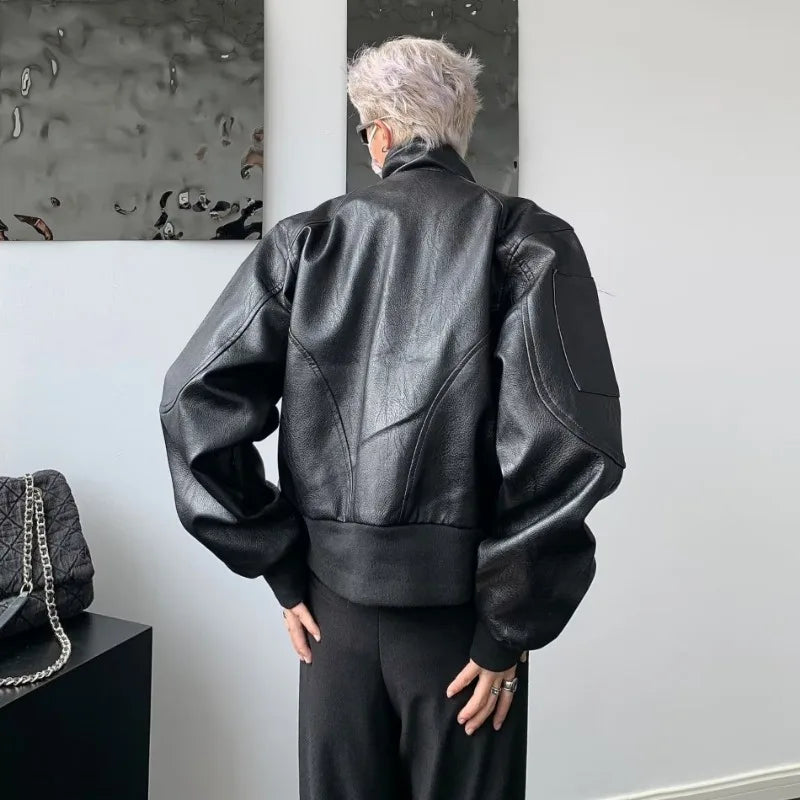 punk leather jacket mens spring standing collar trendy high street coats y2k streetwear hip hop motorcycle outwear 2024 new unique default style 2245