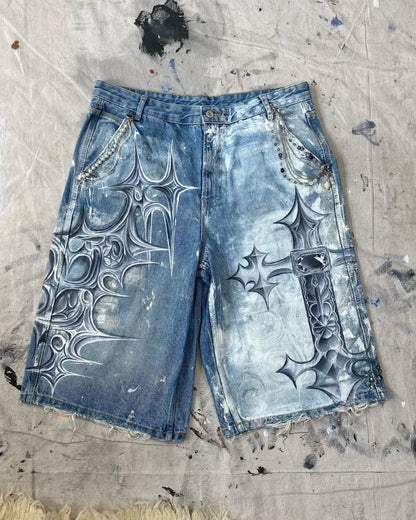 y2k american street retro graffiti anime print oversized denim shorts men shorts high waist fashion loose casual wide leg pants stacked flare jeans